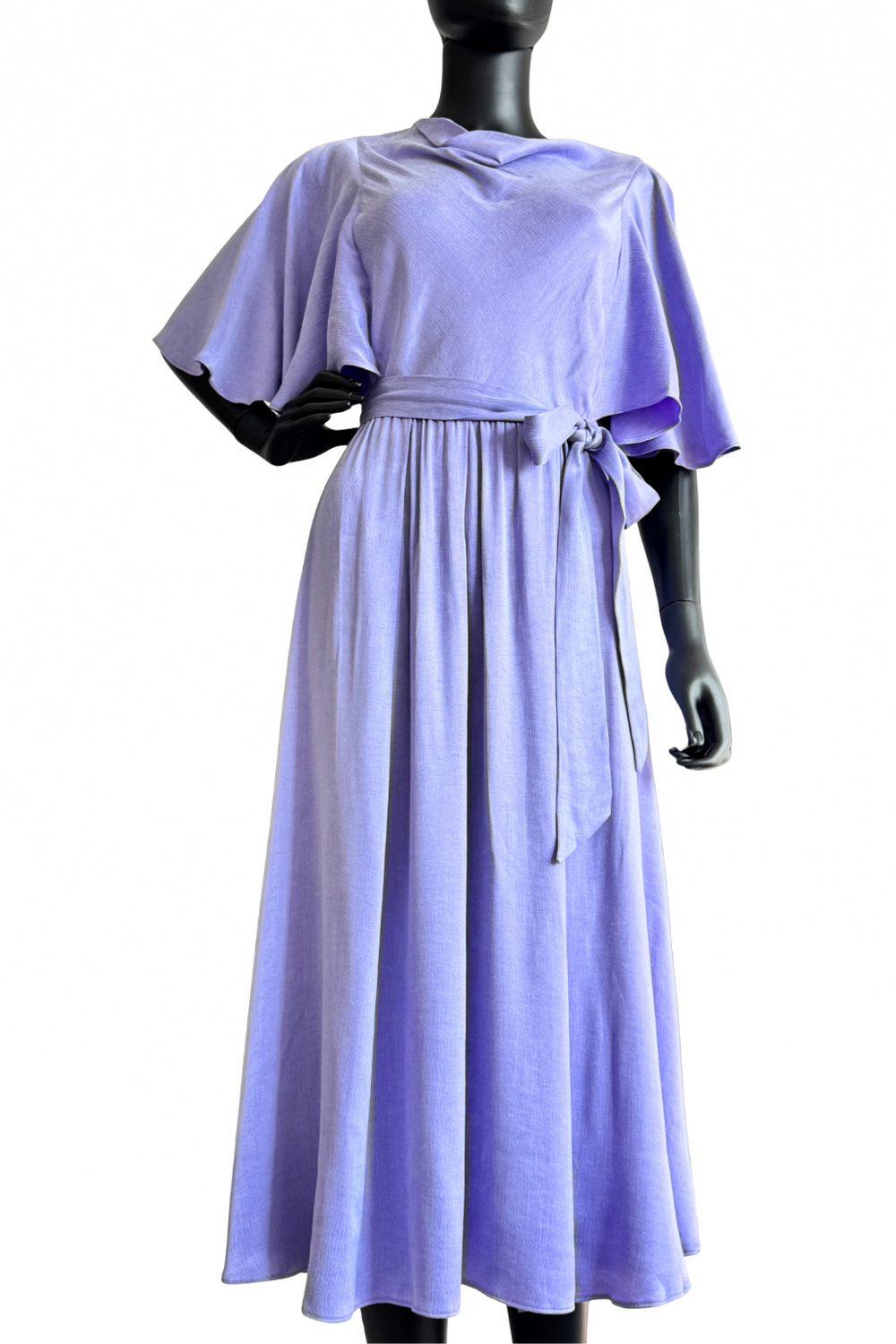 Lavender dress on a mannequin against a white background