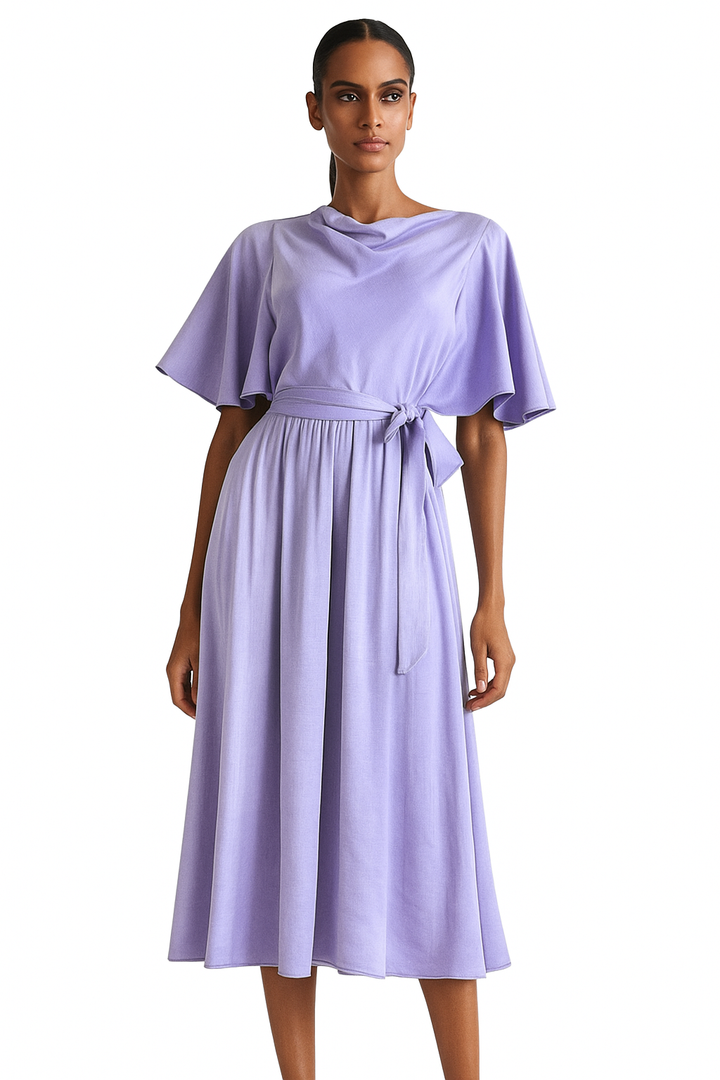 Woman wearing a purple belted short sleeved midi dress from Qui Prive at BTK COLLECTIONS