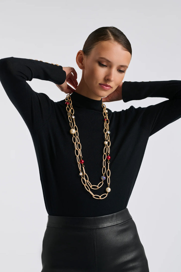 Long double chain necklace with pearls in red, elegant design by WEILL