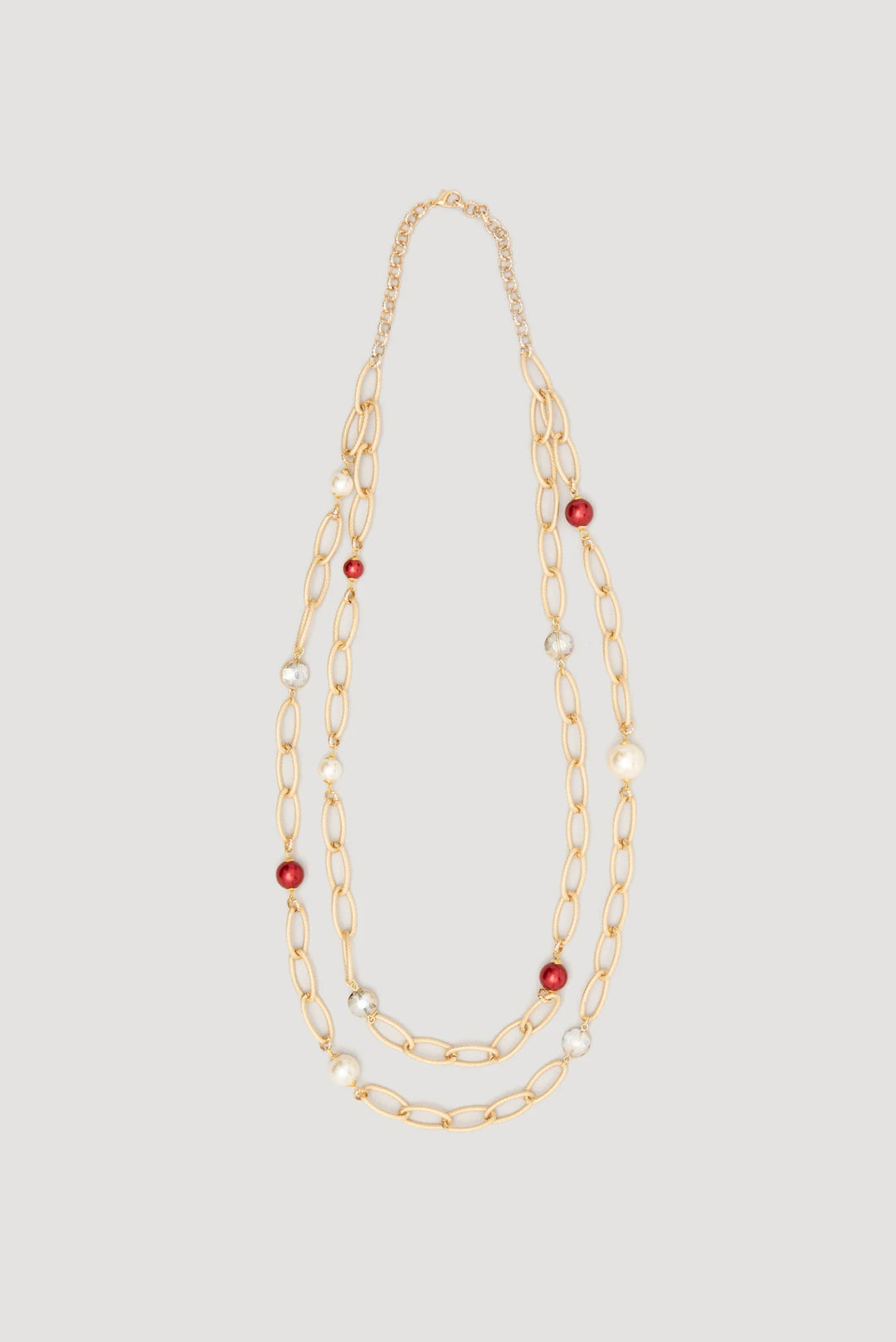 Long double chain necklace with pearls in red, elegant design by WEILL