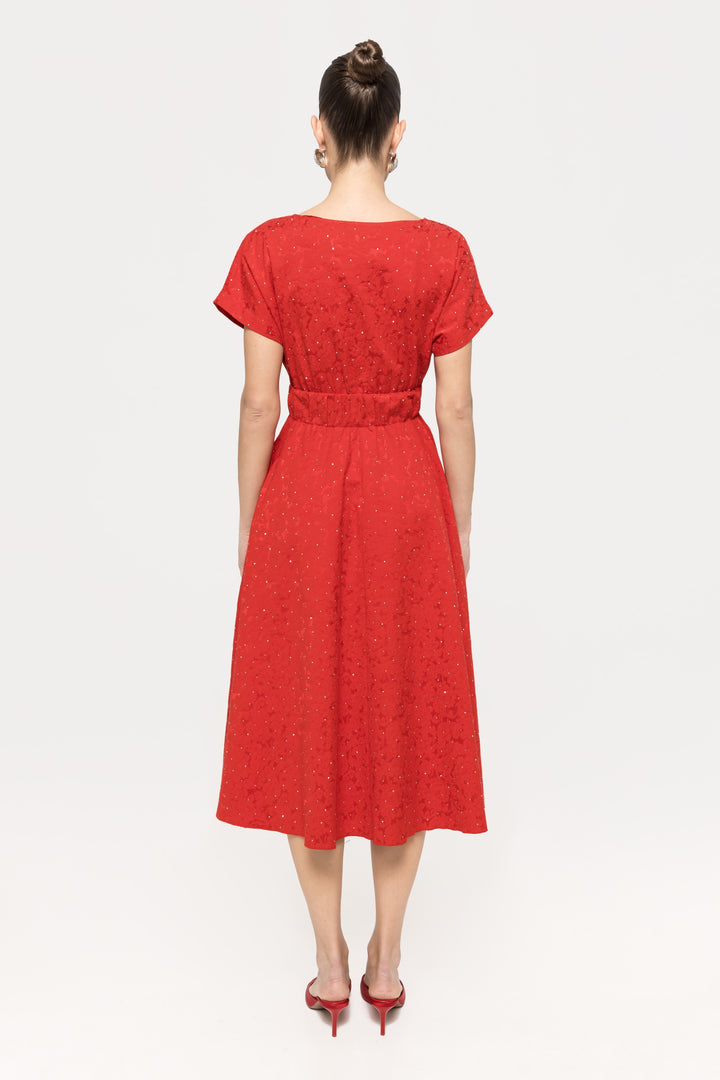 Red rhinestone brocade midi dress with short sleeves, belted waist and A‑line silhouette.