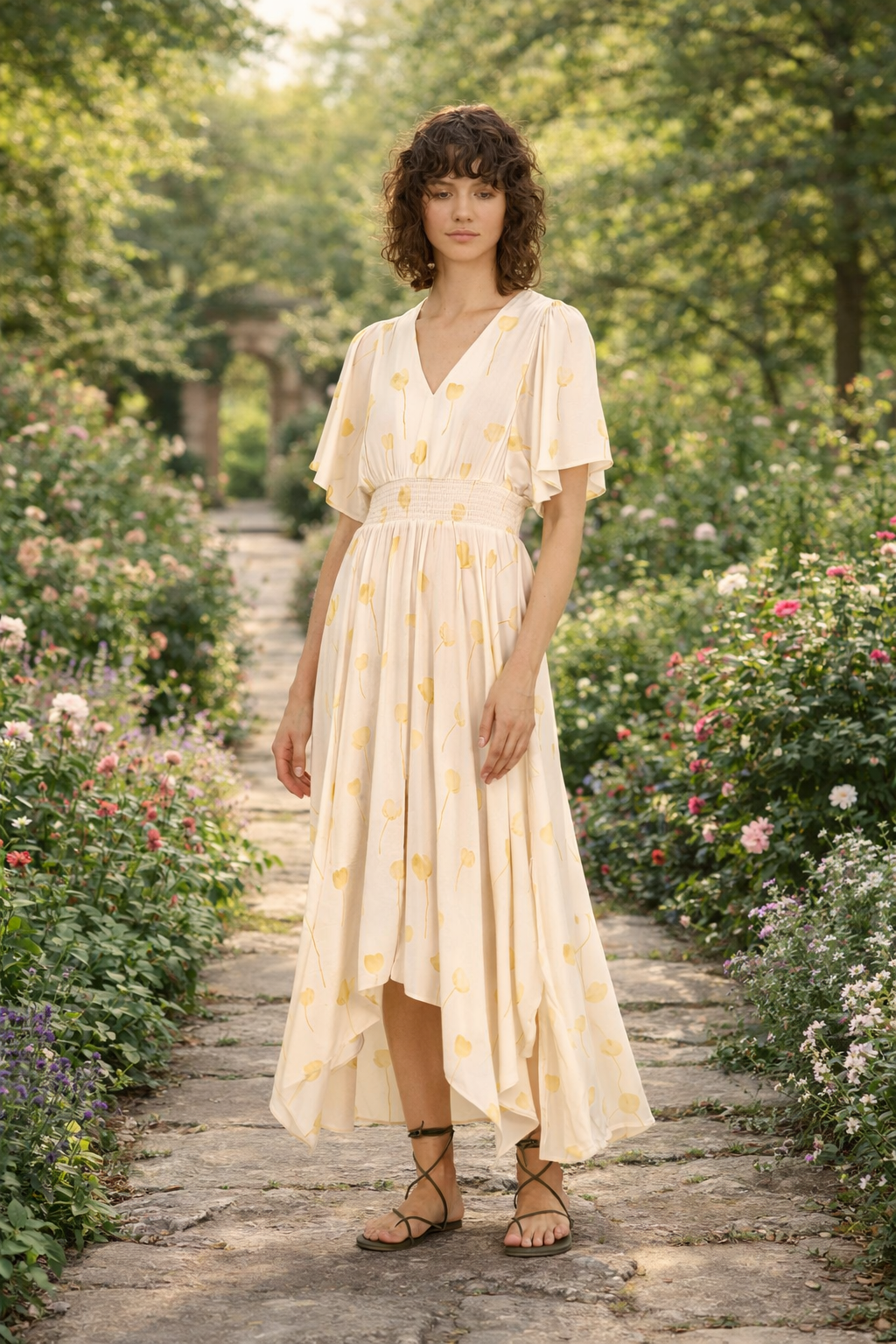 Model is wearing rosewater color Watercolor Floral Maxi Dress designed by Grade & Gather at BTK COLLECTIONS standing in  the garden