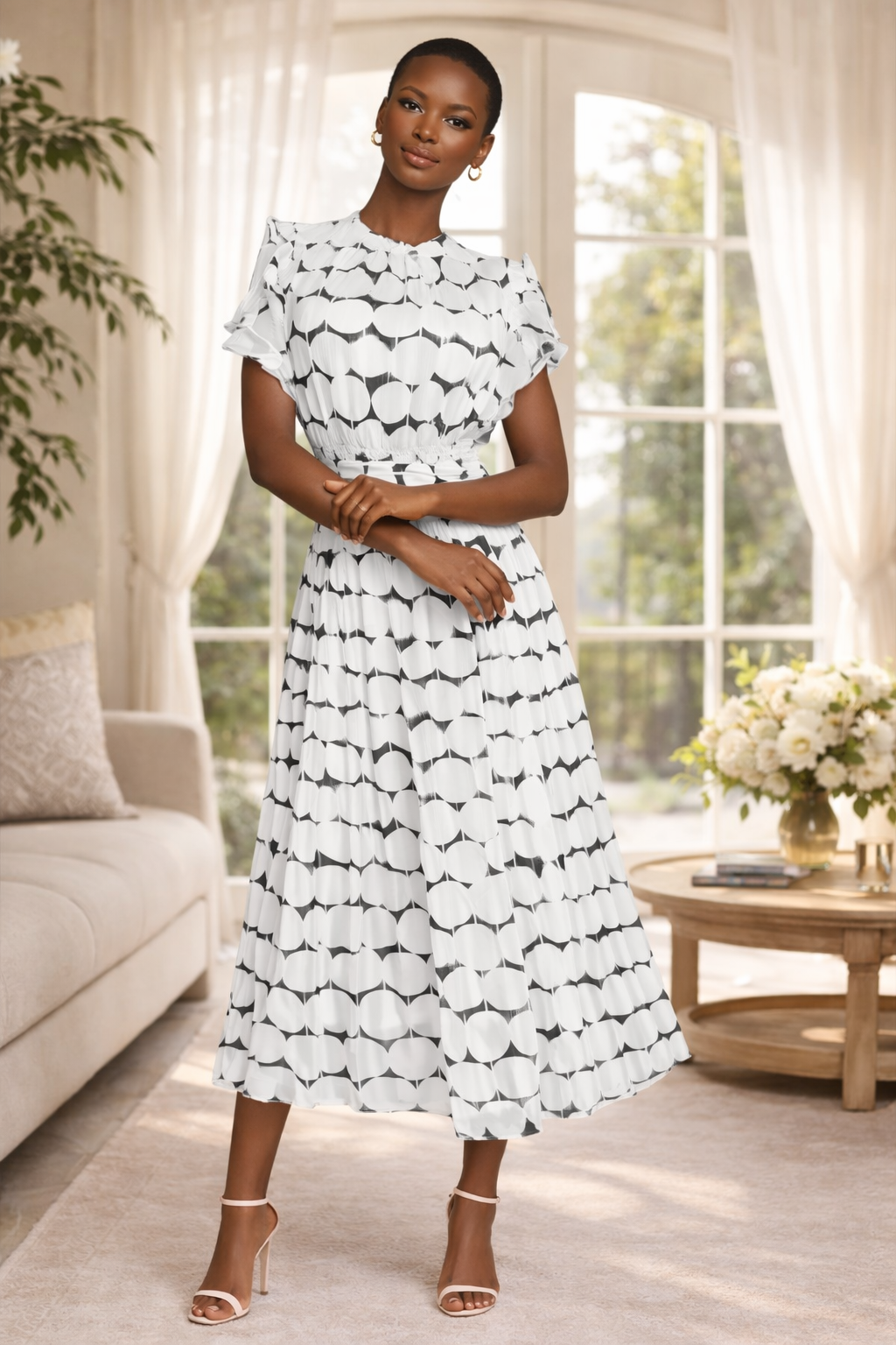 Black and white abstract chiffon midi dress by Korean designer Nora Noh worn by model in bright interior setting, featuring flutter sleeves and A-line silhouette