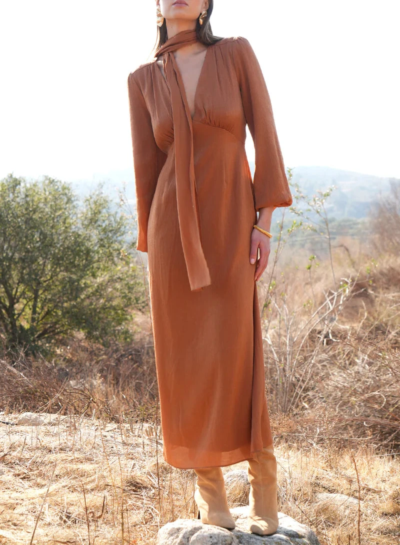 Rusty brown maxi dress with balloon sleeves and matching scarf, by Adelyn Rae