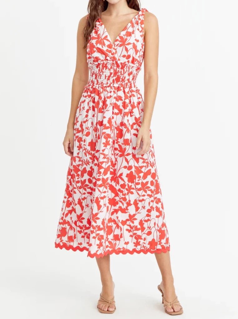 Shoulder‑tie coral floral cotton midi dress with smocked waist and scalloped hem
