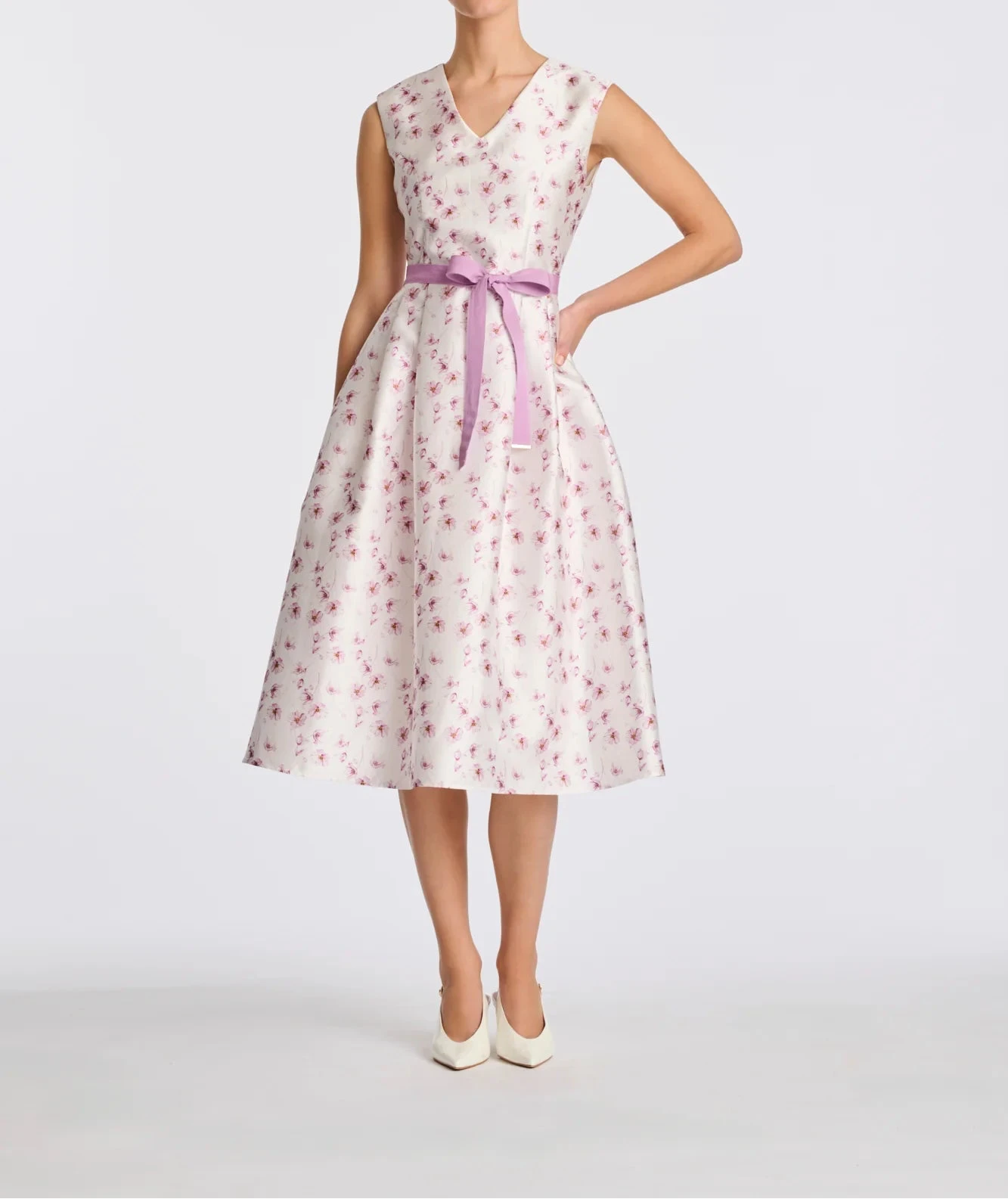 Floral taffeta midi wedding guest dress with V-neck, belted waist, and side pockets