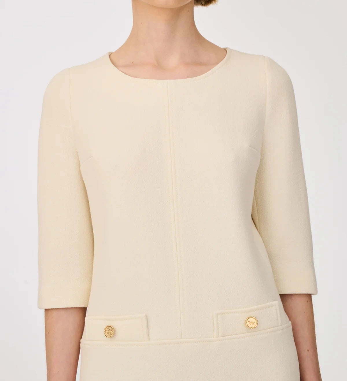 Weill Paris Wool Crepe Shift Dress with Gold Button Details