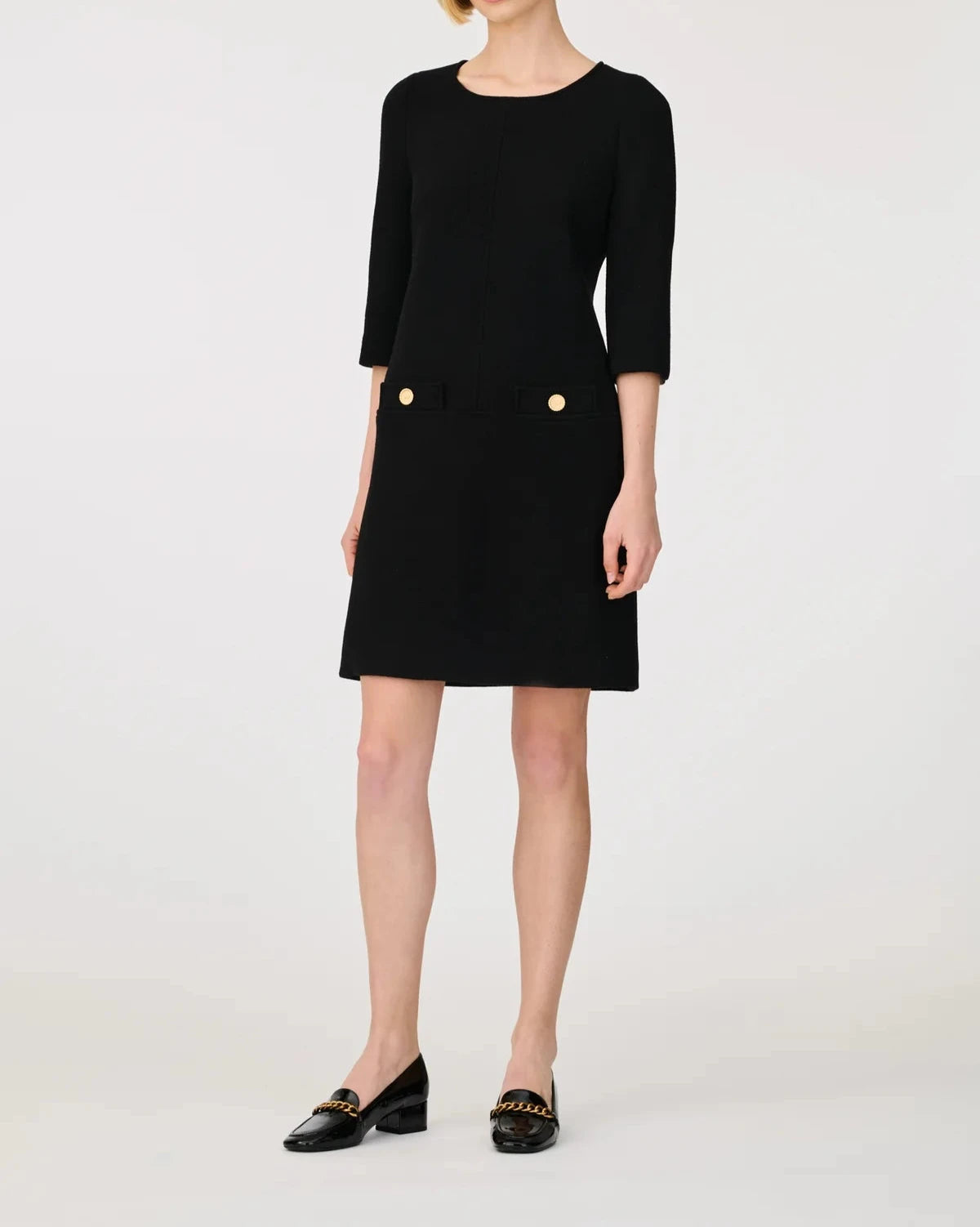 Weill Paris Wool Crepe Shift Dress with Gold Button Details