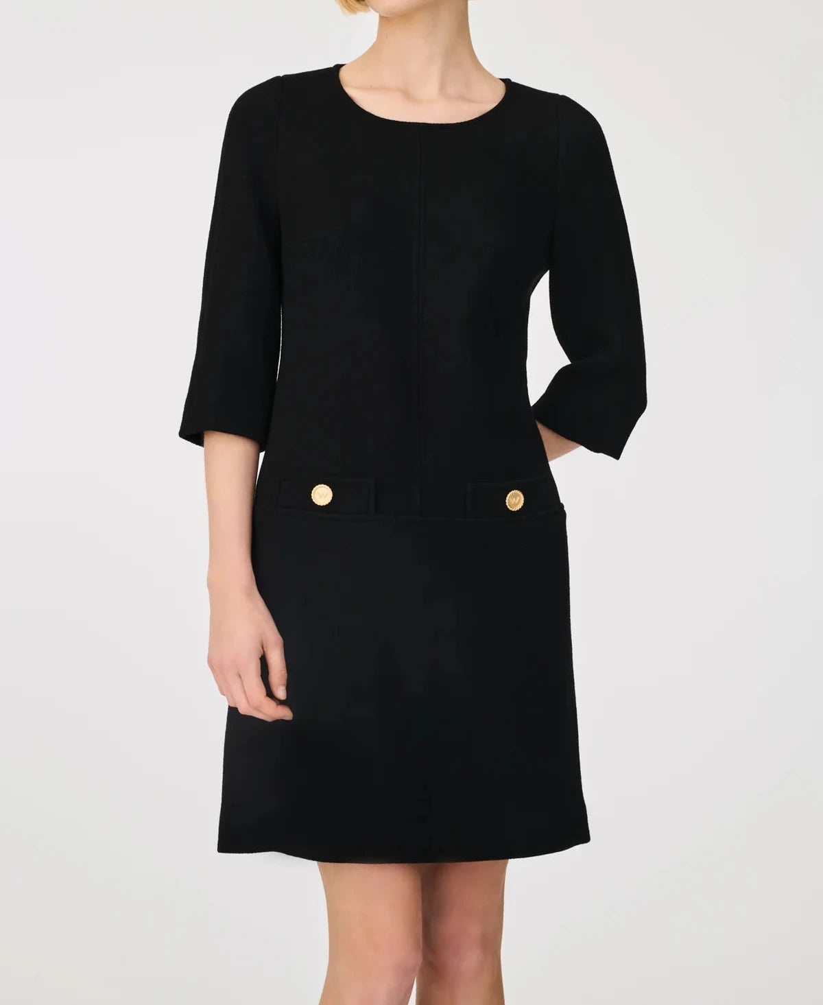 Weill Paris Wool Crepe Shift Dress with Gold Button Details