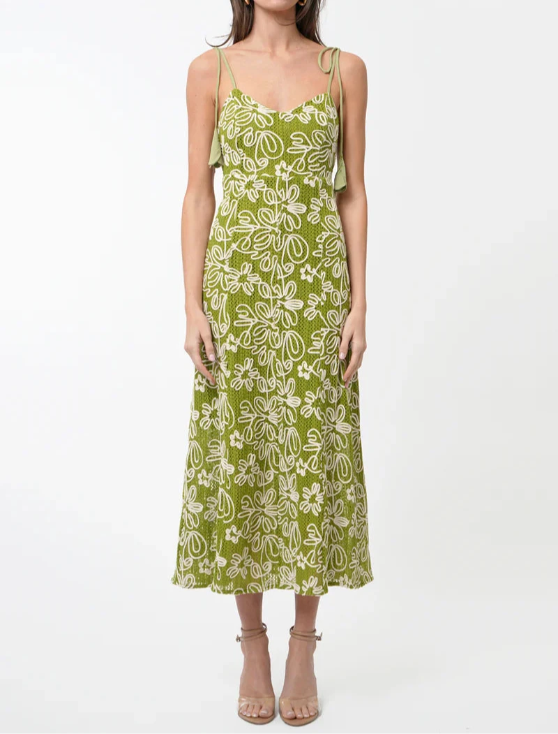 Trina green embroidered floral tie shoulder midi dress with curved neckline