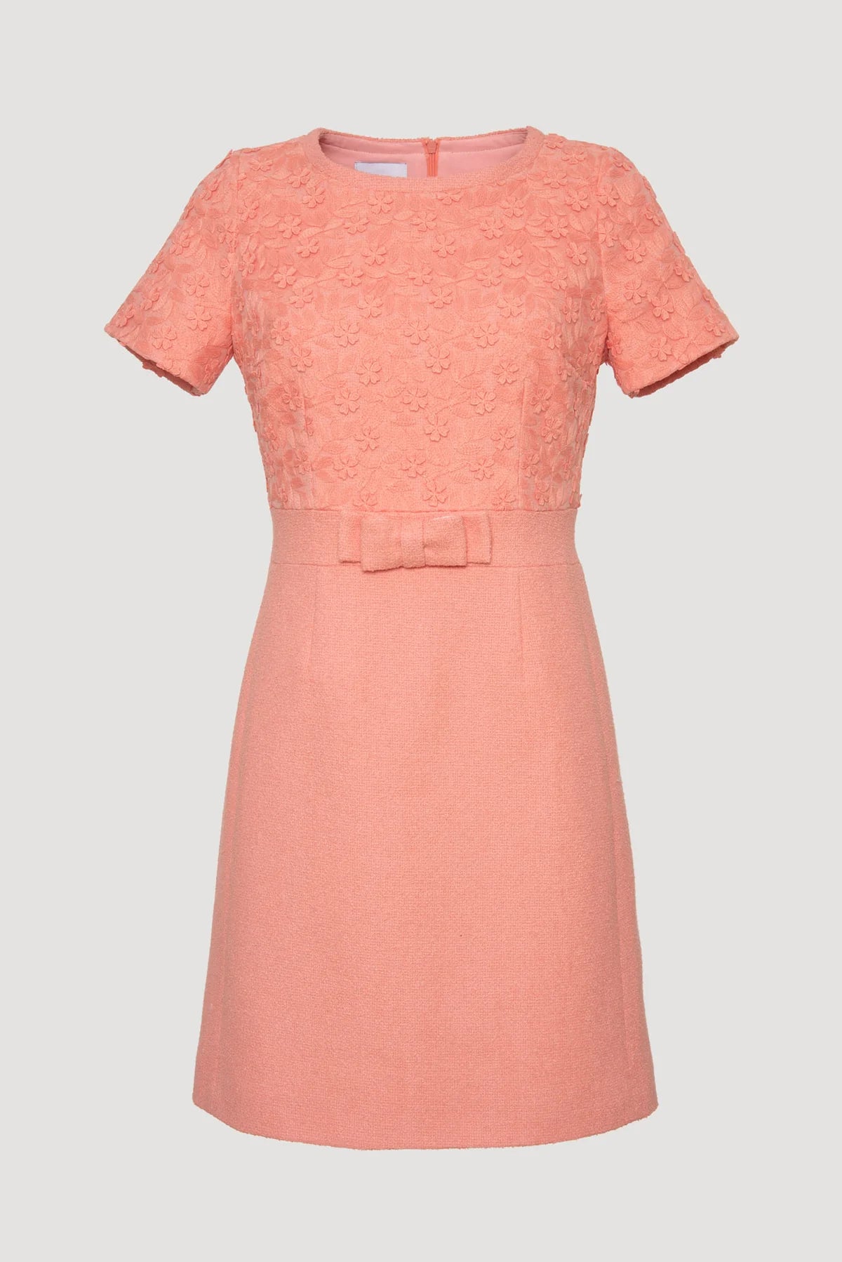 Blush pink embroidered tulle and bouclé A‑line dress with bow waist by Weill Paris.