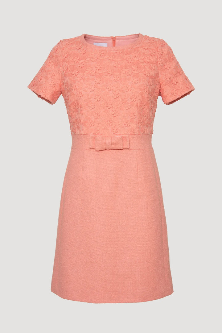 Front view of pink two-material Weill Paris dress with embroidered lace top and bow