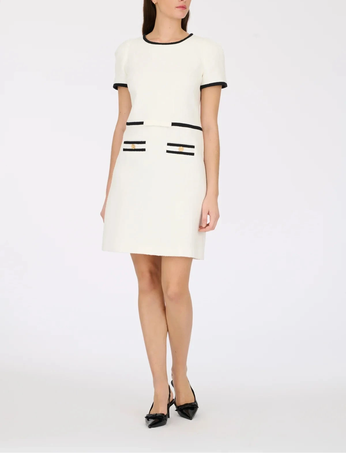 Weill Paris short-sleeve bouclé dress with contrast piping and fitted waist
