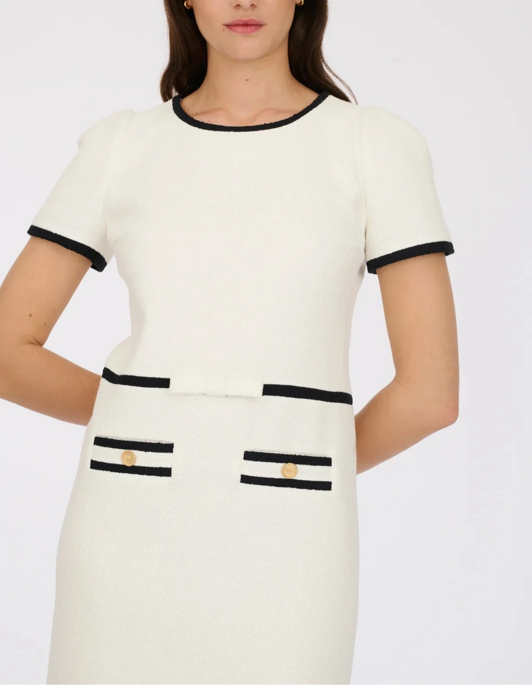 Weill Paris Short-Sleeved Bouclé Dress with Gold Buttons