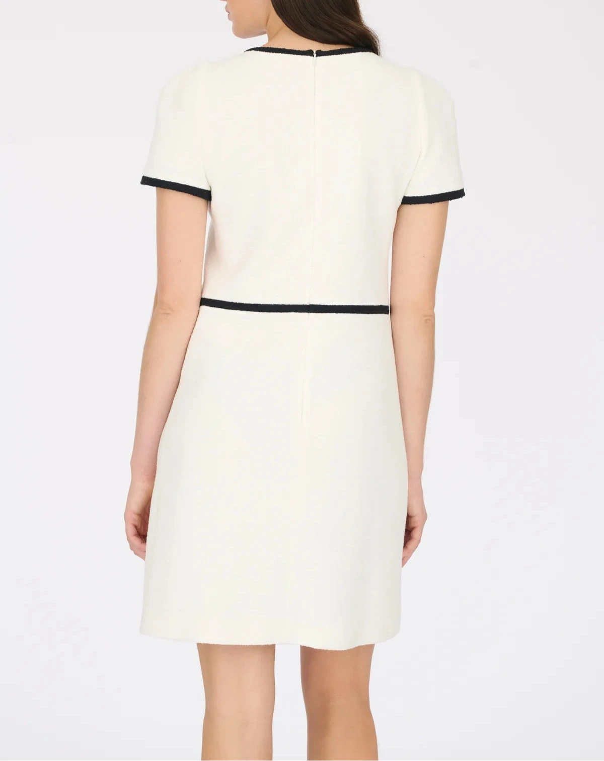 Weill Paris short-sleeved white bouclé dress featuring gold buttons, knee-length design, available in multiple sizes.