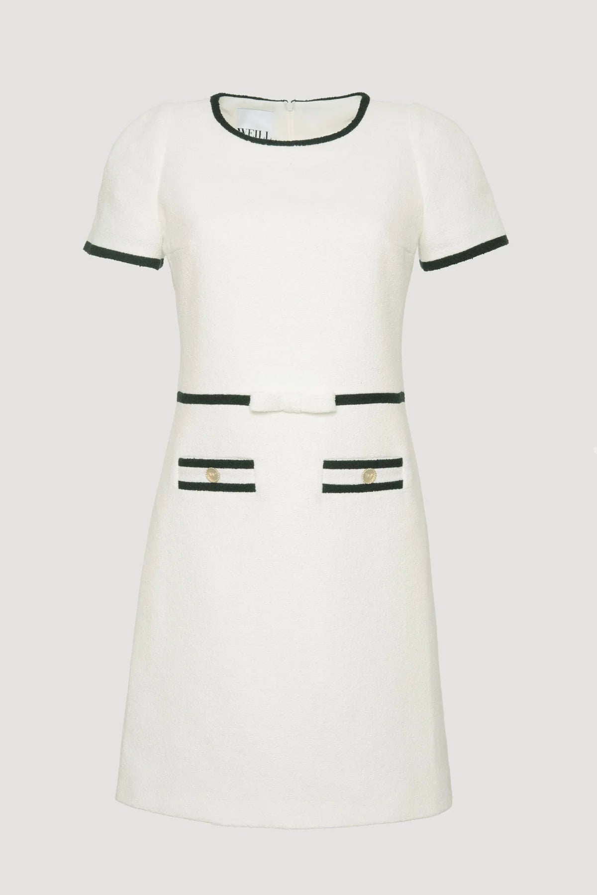 white(ivory) bouclé A-line dress with black trim and gold buttons by Weill Paris
