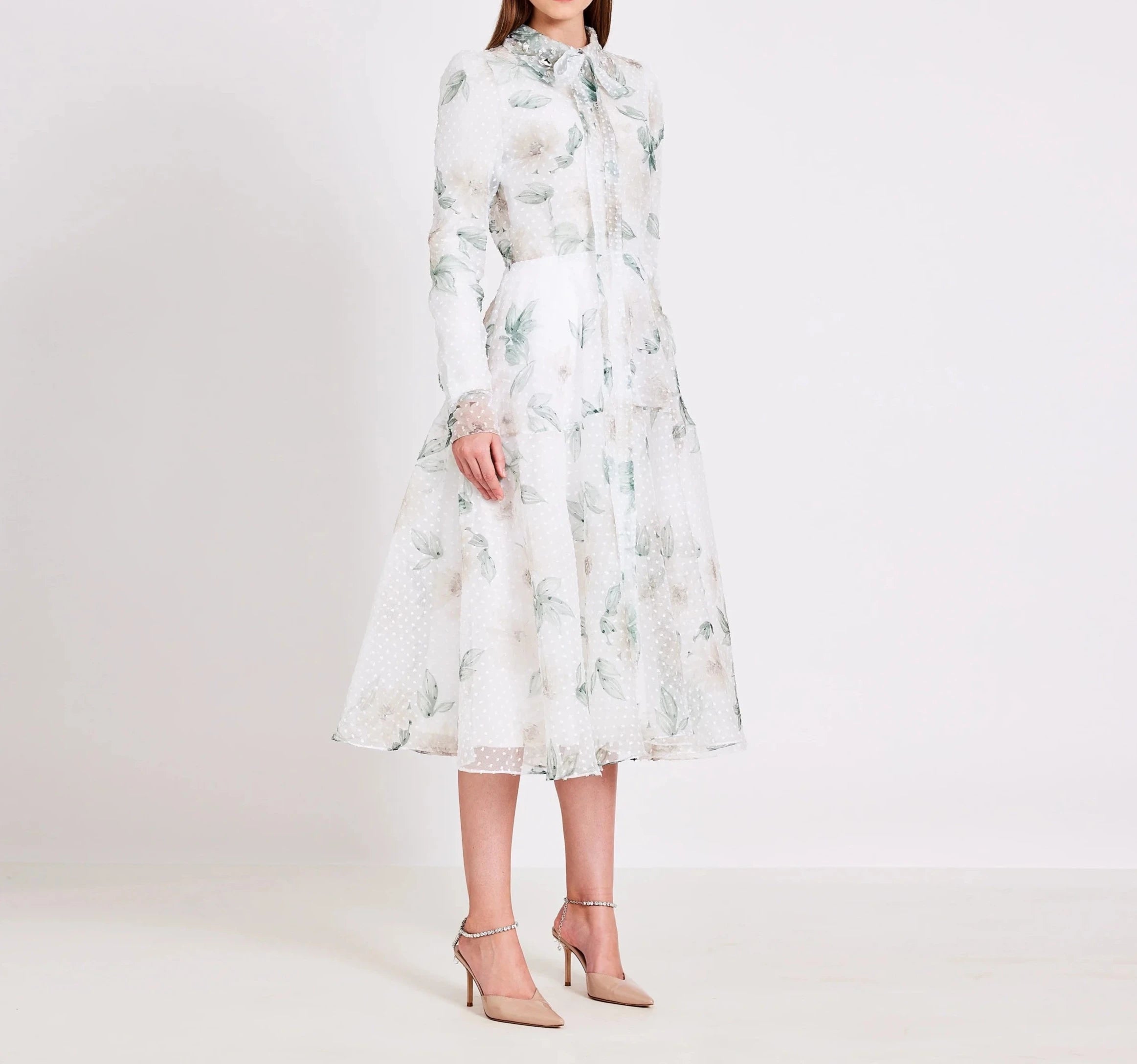 White Printed Organza With Bold Dots Collared Midi Dress