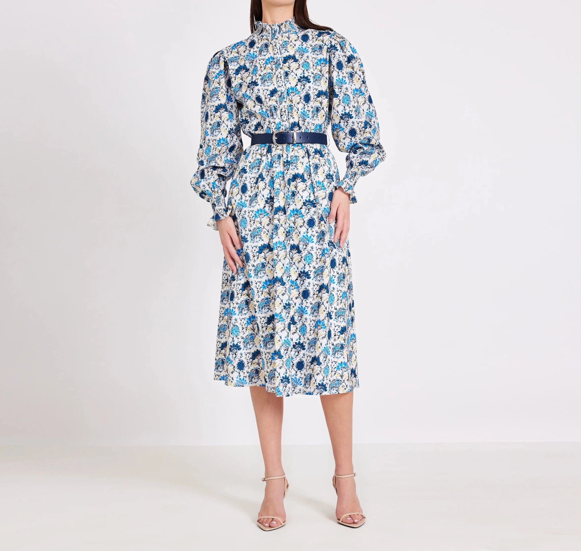 White & Blue Floral Print Cotton Midi Dress