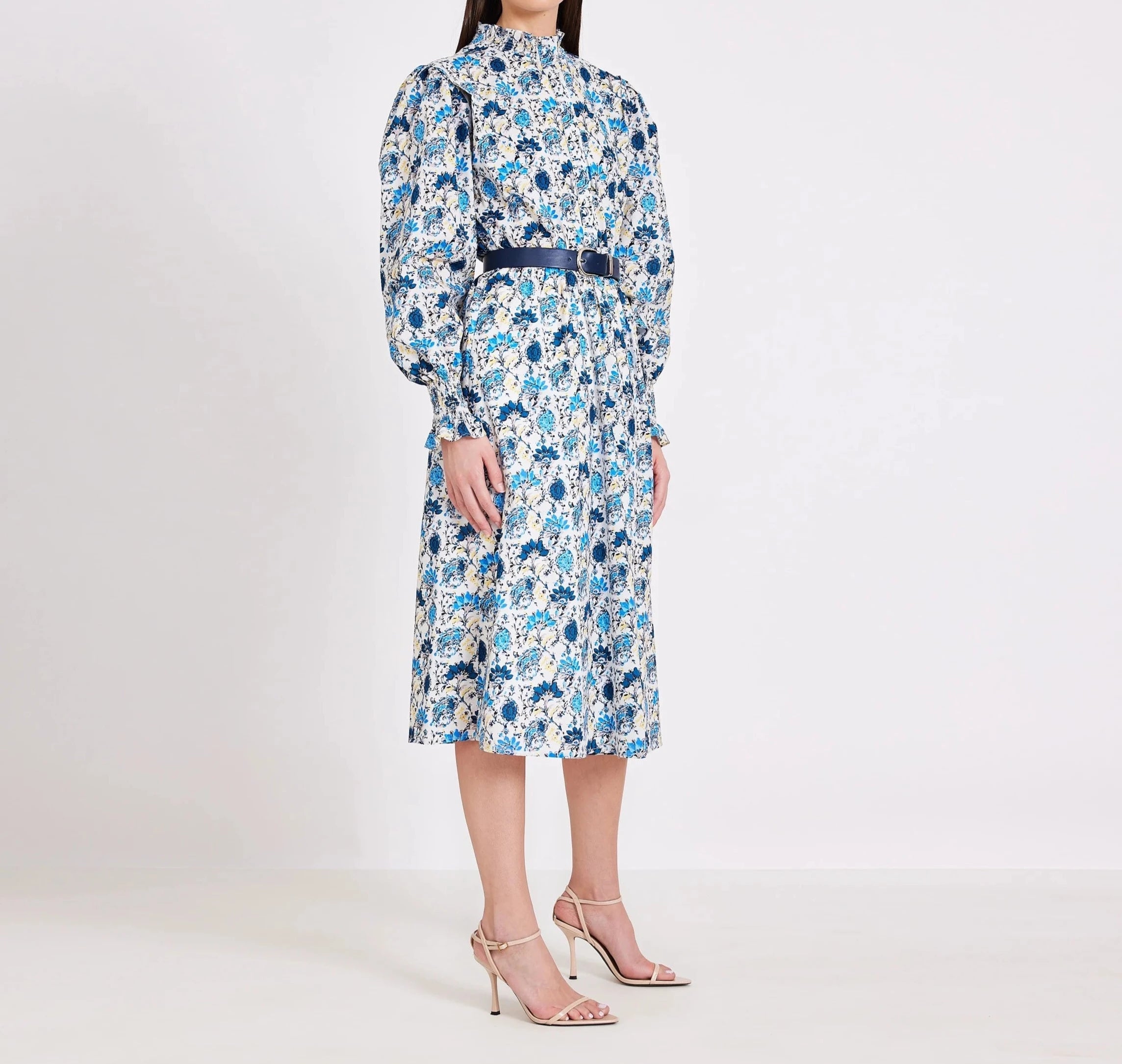 White & Blue Floral Print Cotton Midi Dress