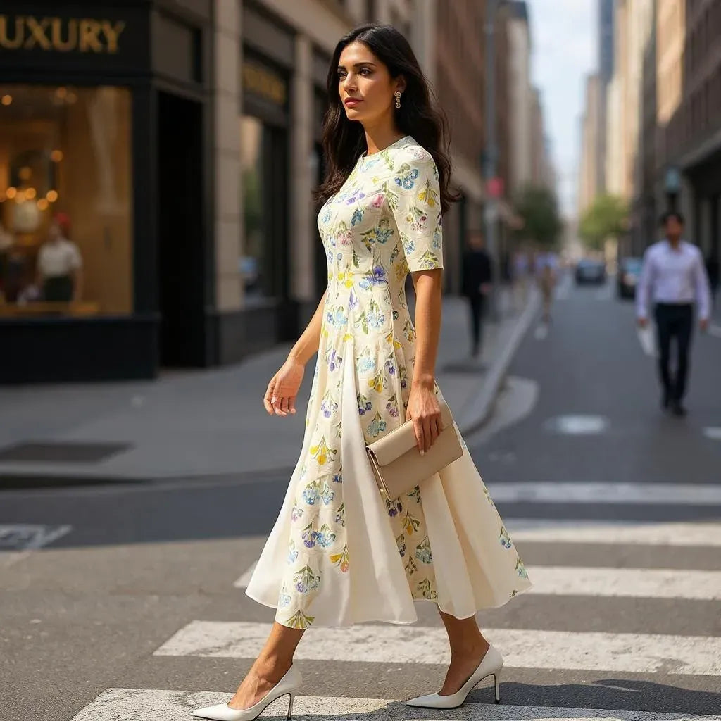 woman is wearing Yellow Mosaic Flower Midi Dress from Nora Noh at BTK COLLECTIONS is walking down the street.
