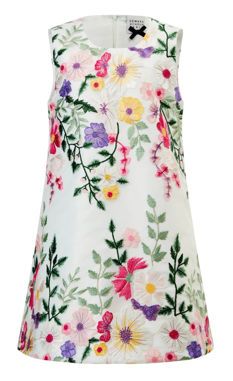 Edward Achour Paris white A-line dress with vibrant multicolored floral embroider - BTK COLLECTIONS