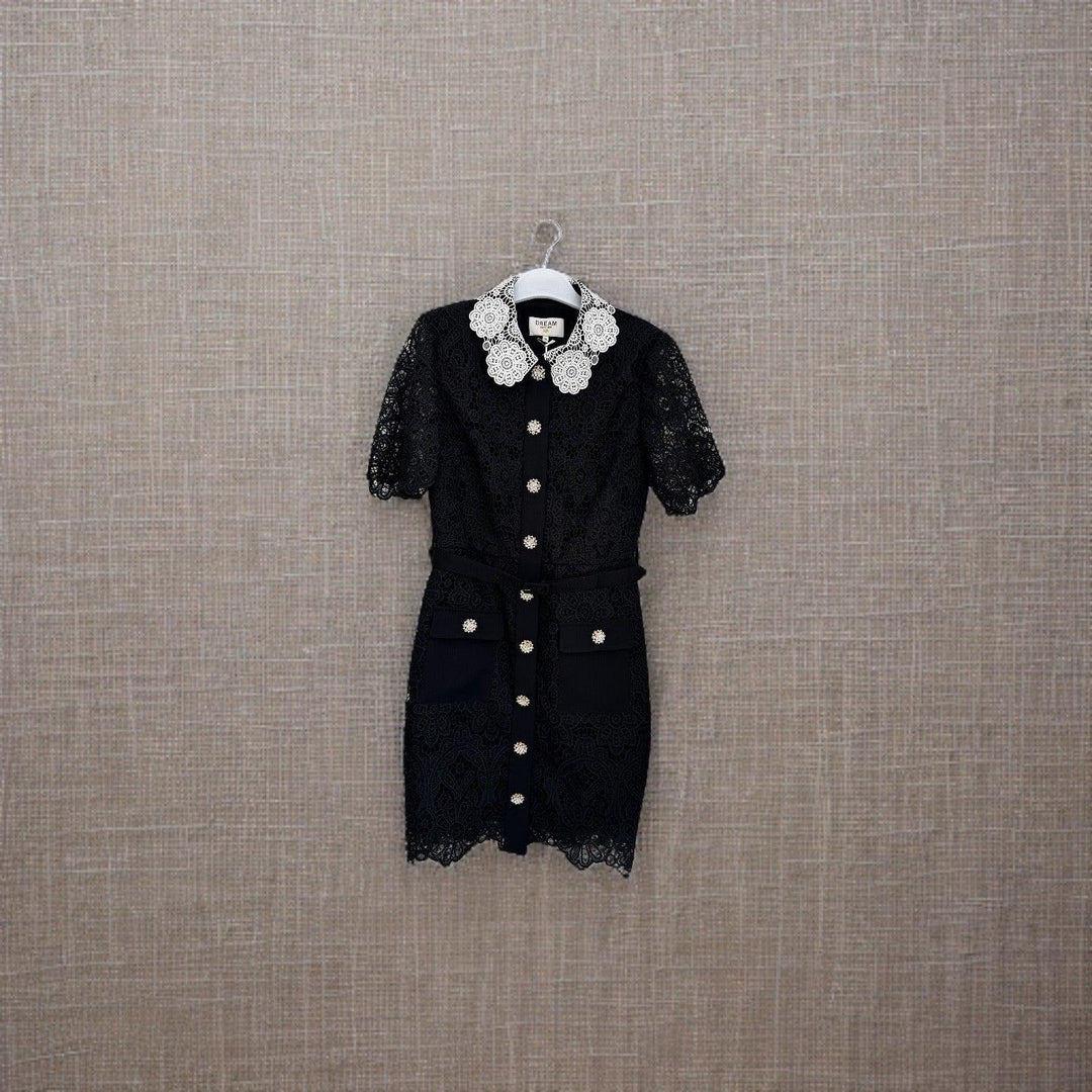 Black Lace Dress With White Lace Collar - BTK COLLECTIONS