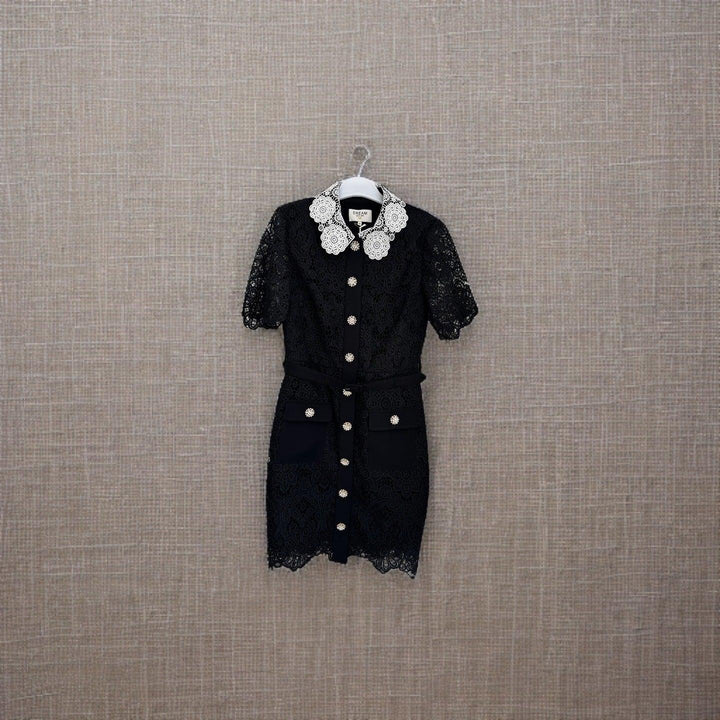 Black Lace Dress With White Lace Collar - BTK COLLECTIONS
