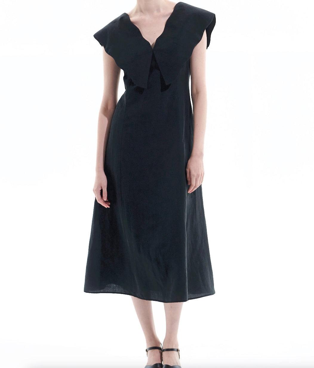 Black Tencel Linen Big Collar Dress - BTK COLLECTIONS