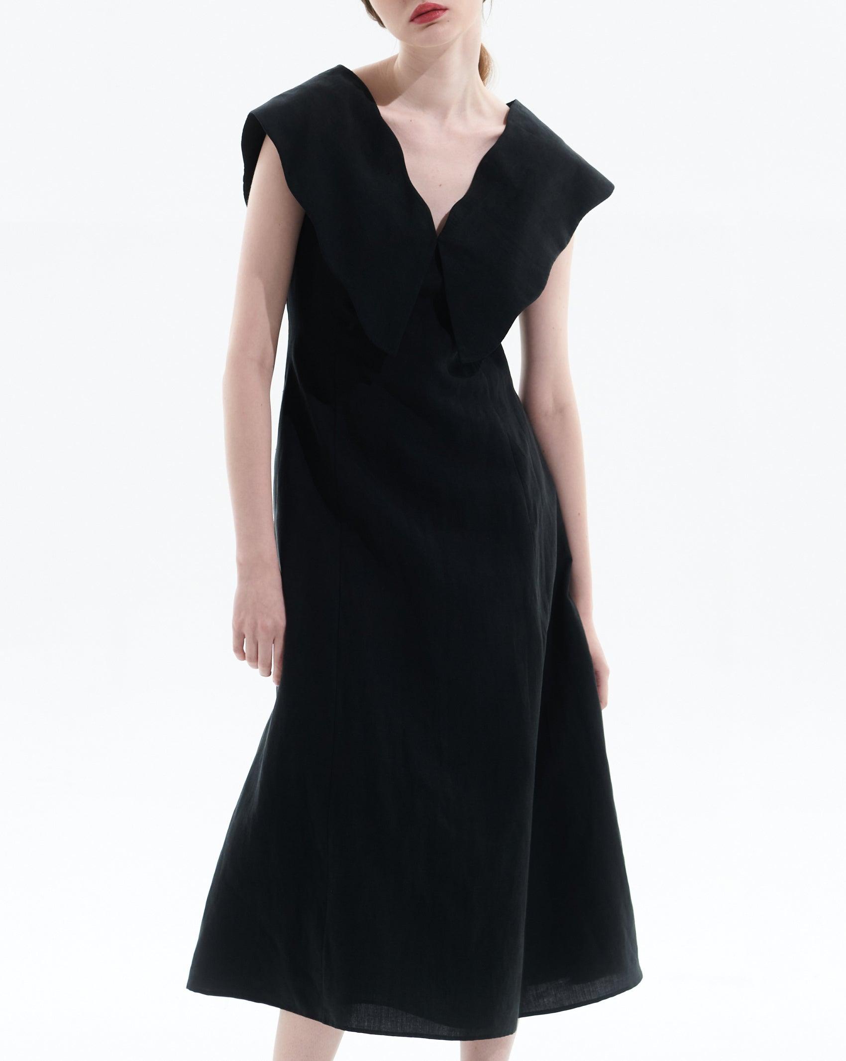 Black Tencel Linen Big Collar Dress - BTK COLLECTION