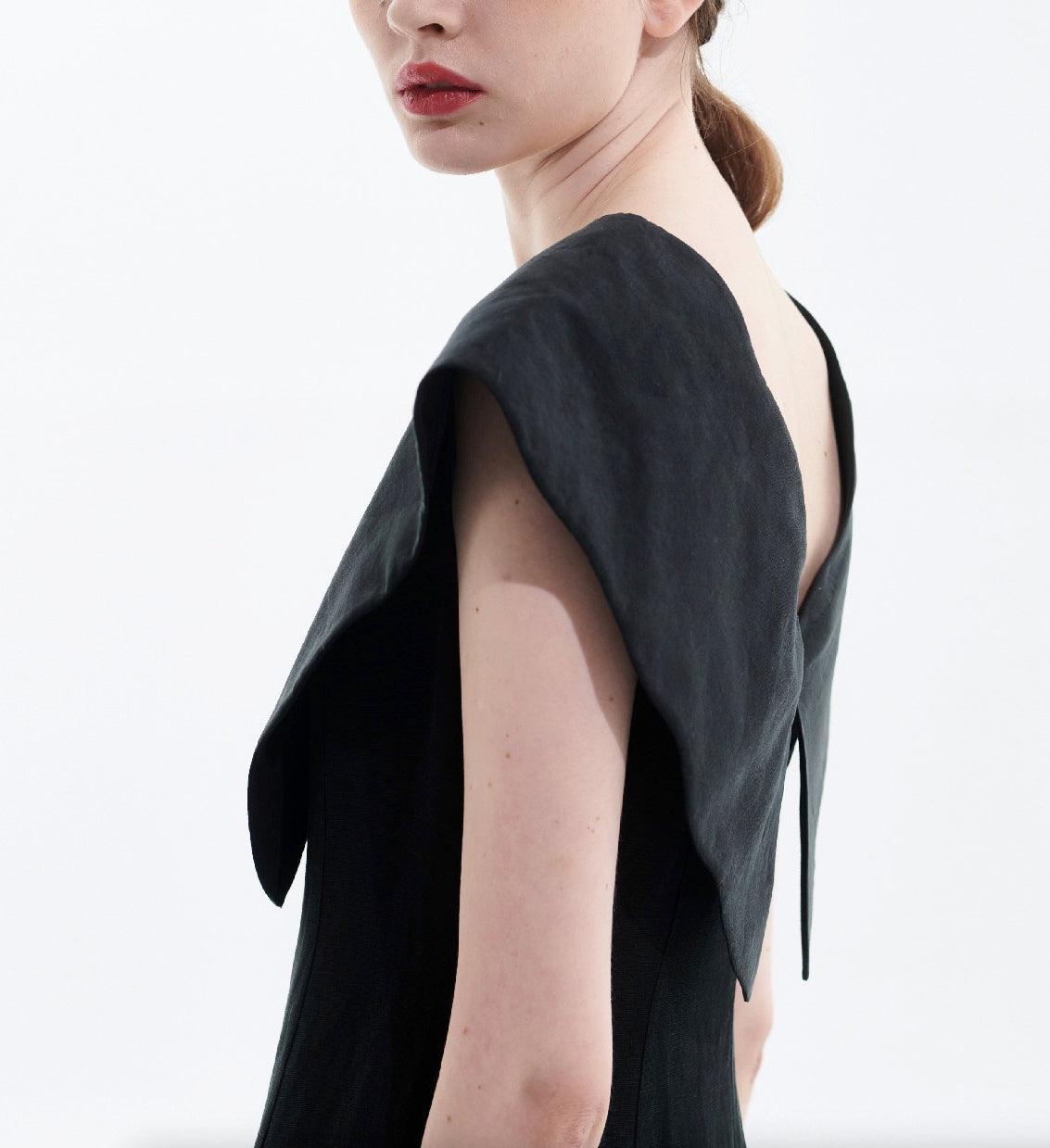 Black Tencel Linen Big Collar Dress - BTK COLLECTION