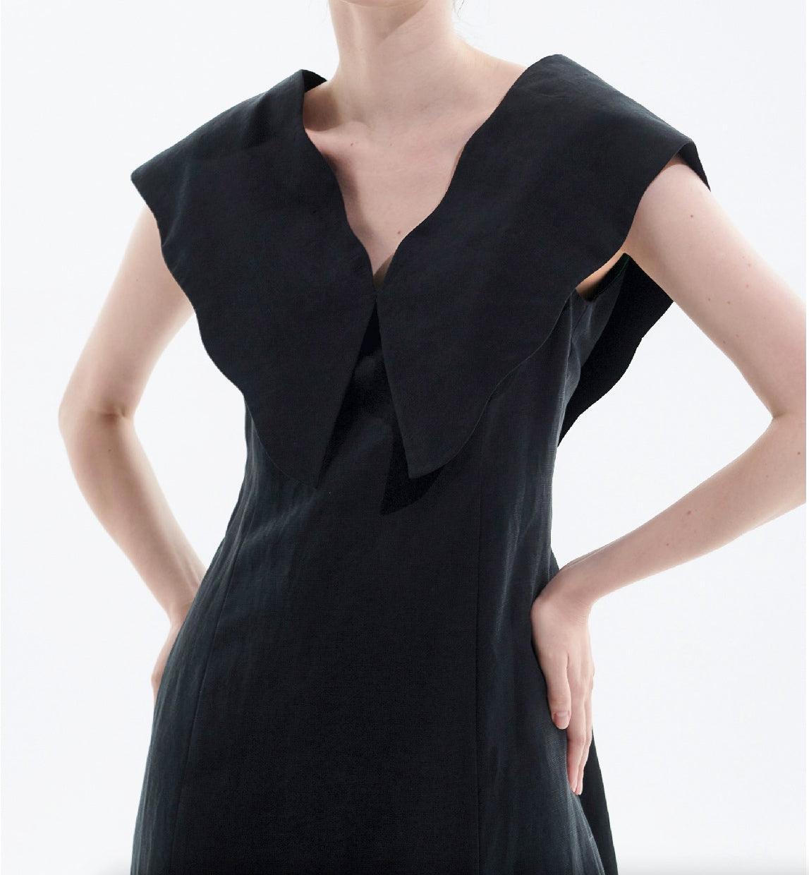 Black Tencel Linen Big Collar Dress - BTK COLLECTION