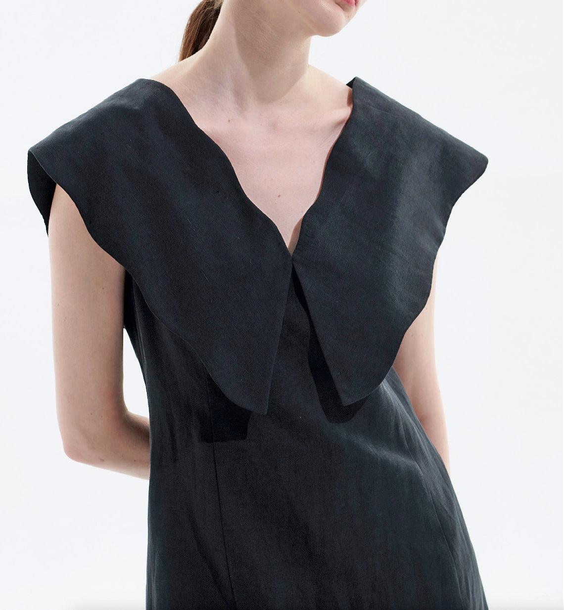 Black Tencel Linen Big Collar Dress - BTK COLLECTION