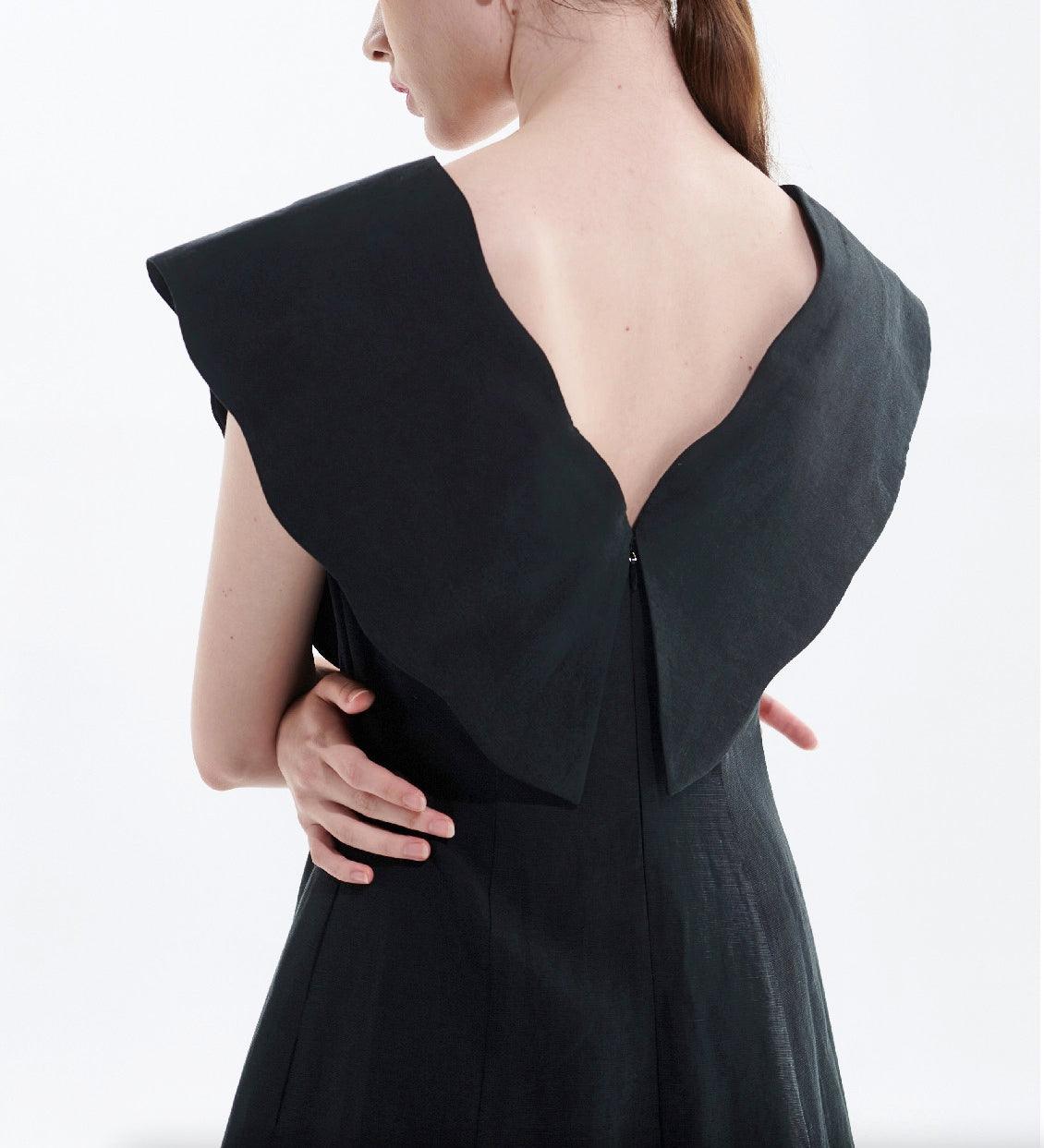 Black Tencel Linen Big Collar Dress - BTK COLLECTION