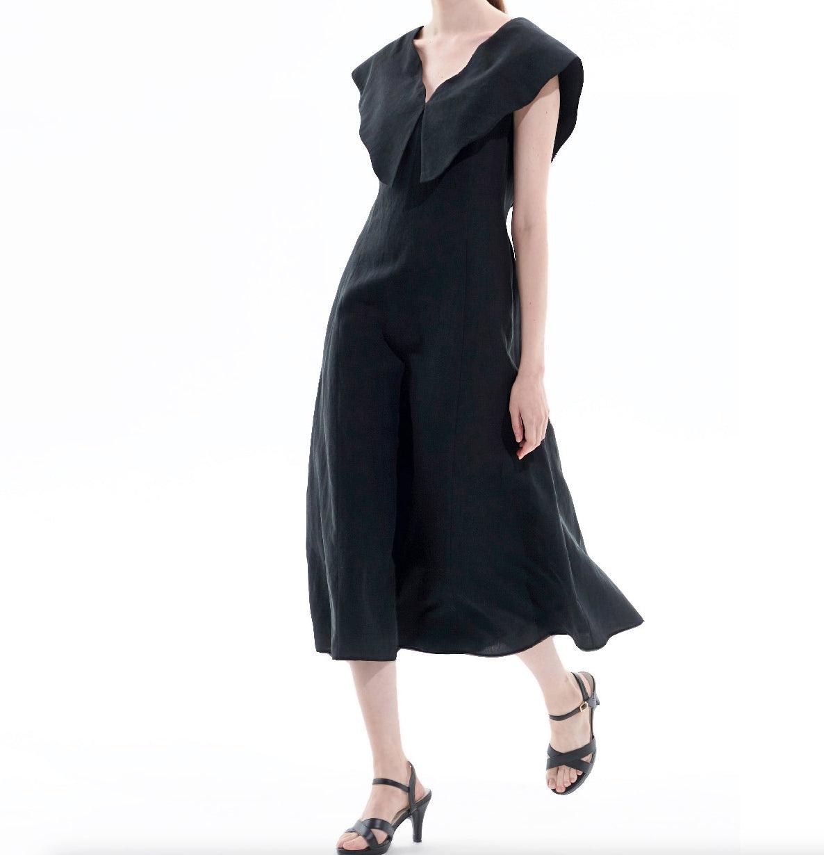 Black Tencel Linen Big Collar Dress - BTK COLLECTION