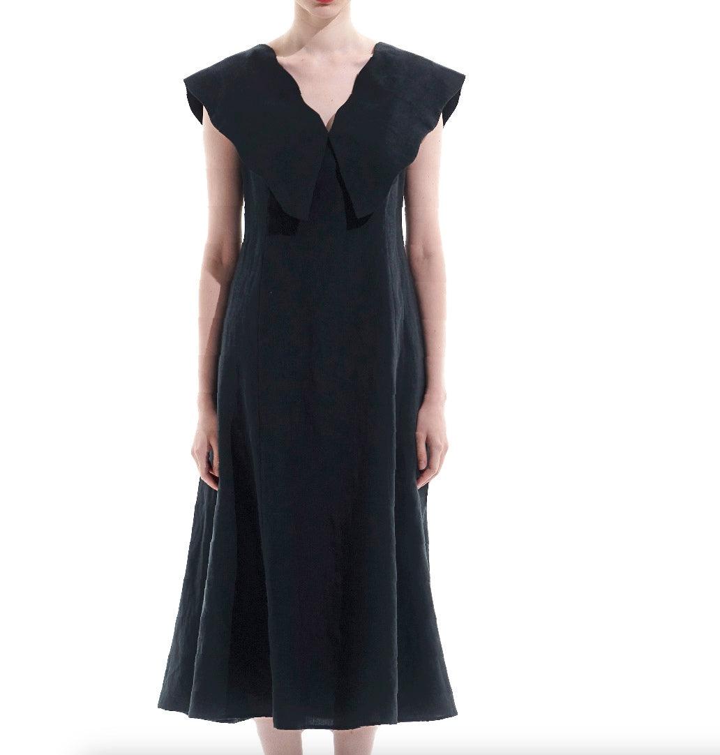 Black Tencel Linen Big Collar Dress - BTK COLLECTION