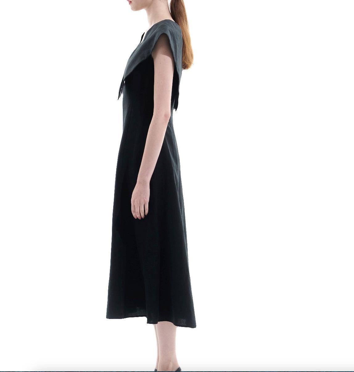 Black Tencel Linen Big Collar Dress - BTK COLLECTION