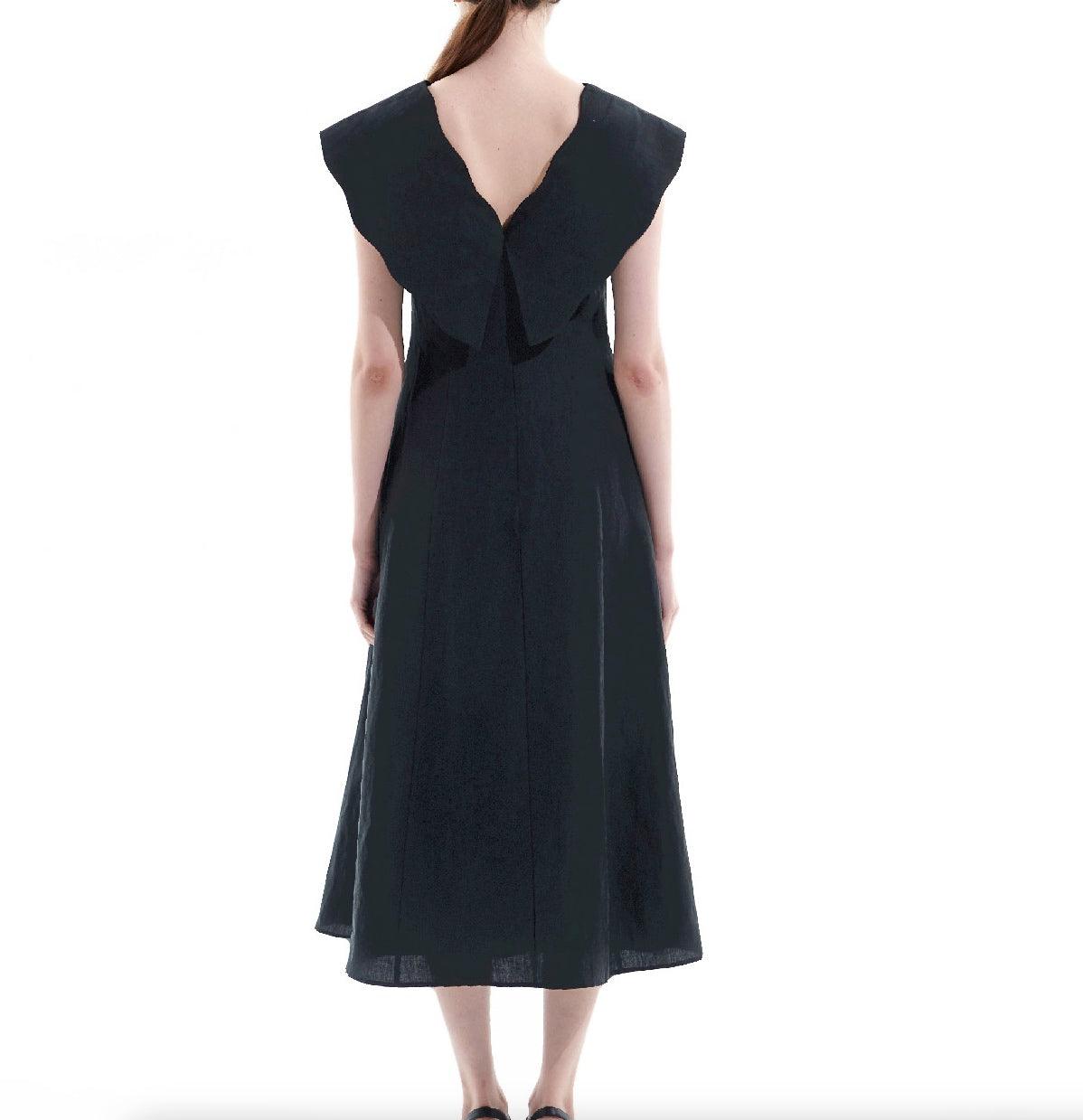 Black Tencel Linen Big Collar Dress - BTK COLLECTION