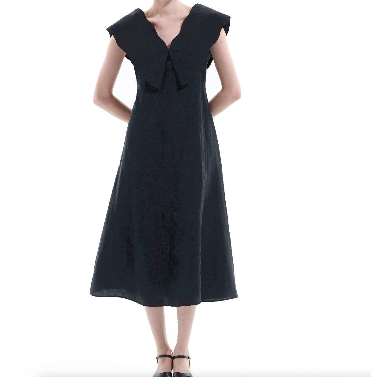 Black Tencel Linen Big Collar Dress - BTK COLLECTION