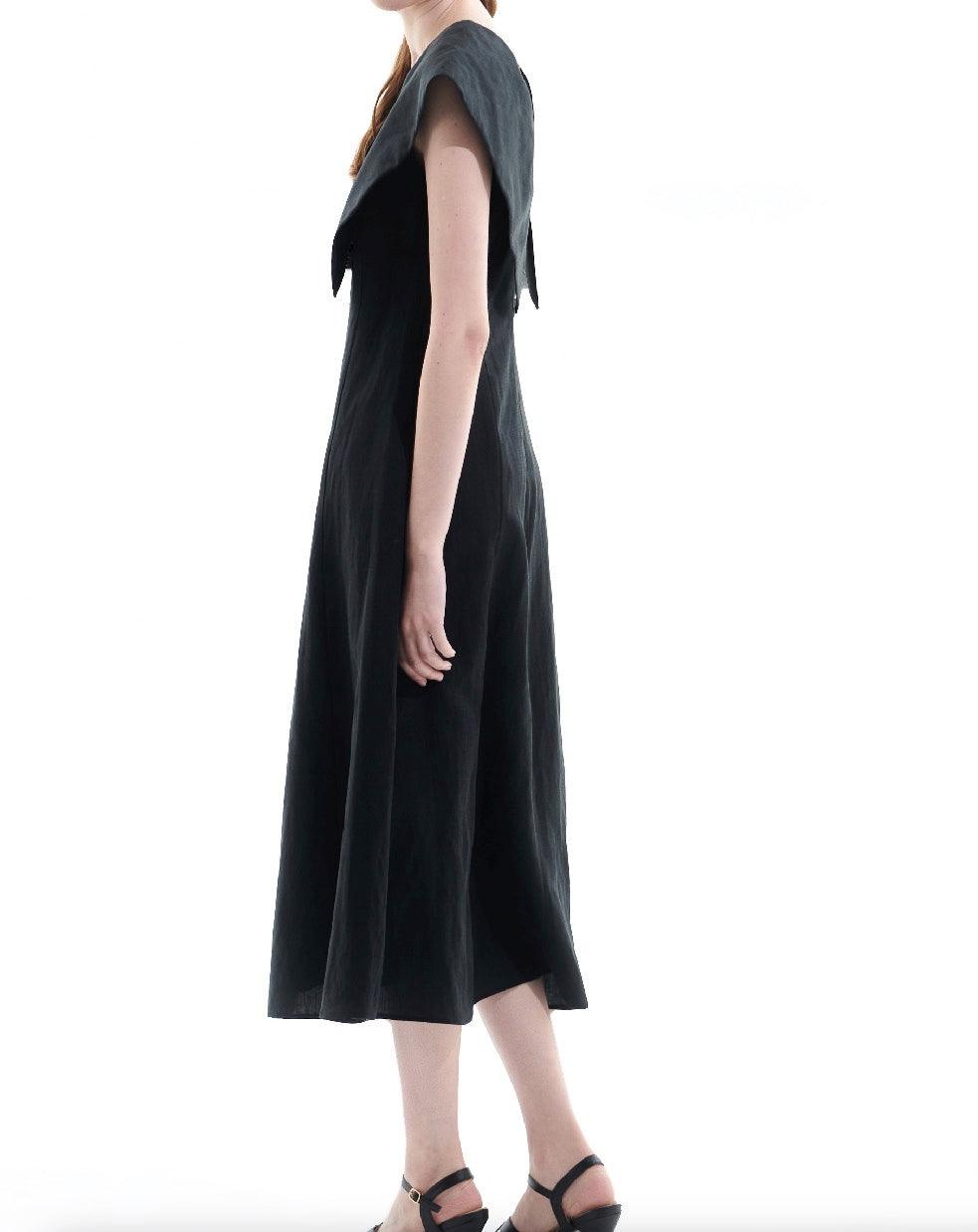 Black Tencel Linen Big Collar Dress - BTK COLLECTION