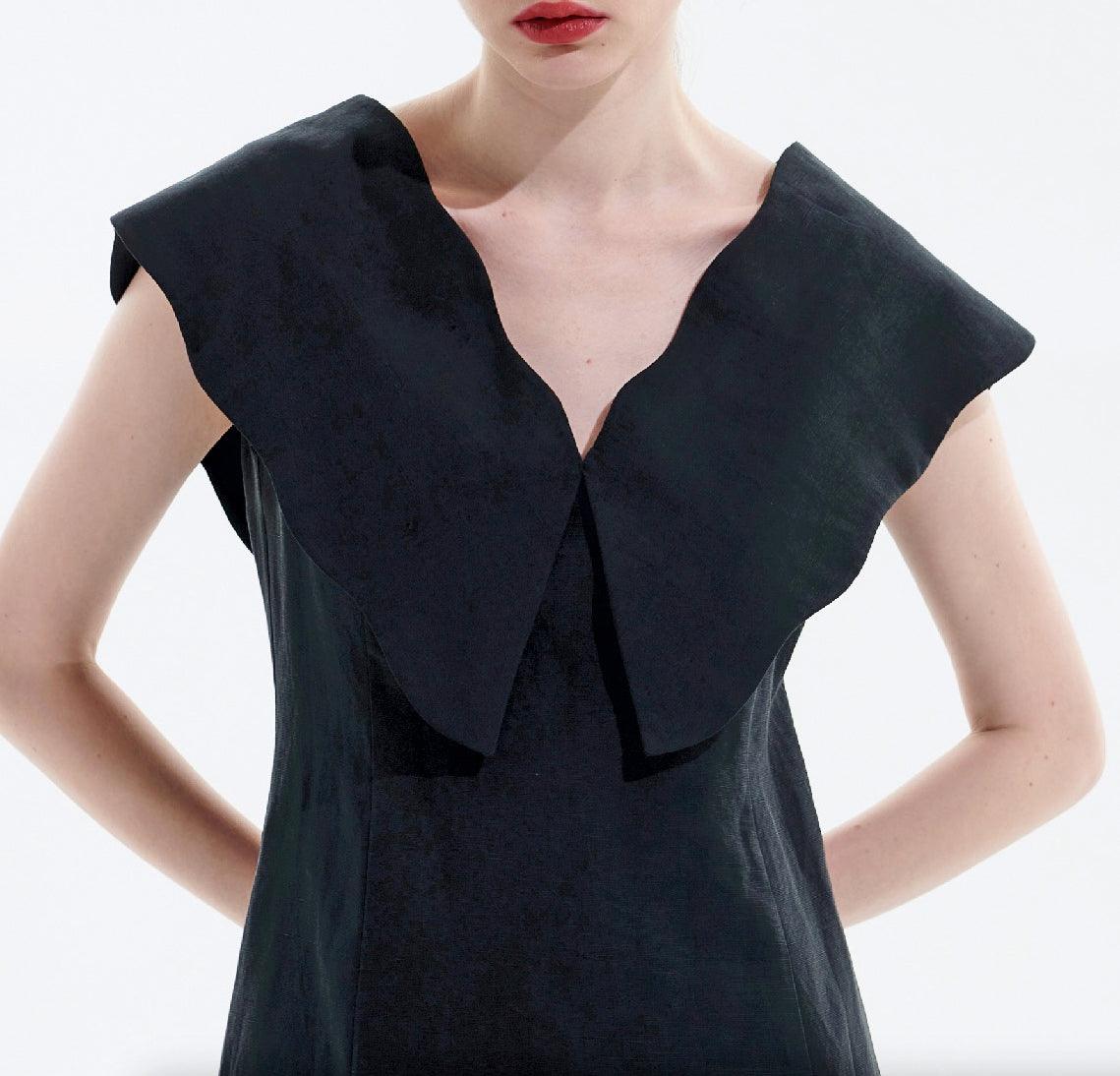 Black Tencel Linen Big Collar Dress - BTK COLLECTION