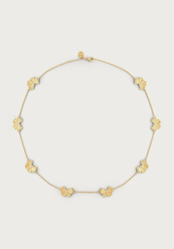 Gold butterfly station necklace in 18K gold-plated brass on white background
