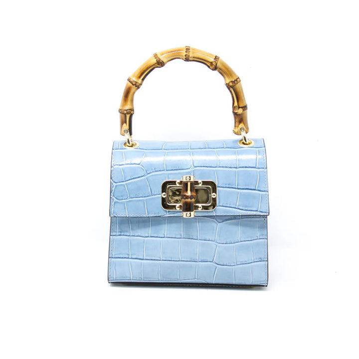 Blue croc-embossed leather handbag with bamboo handle and twist-lock