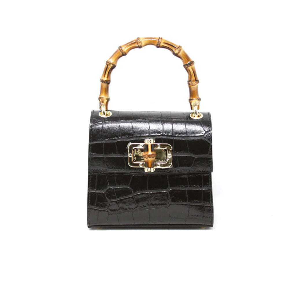 Black genuine leather top handle purse with croc texture and bamboo clasp
