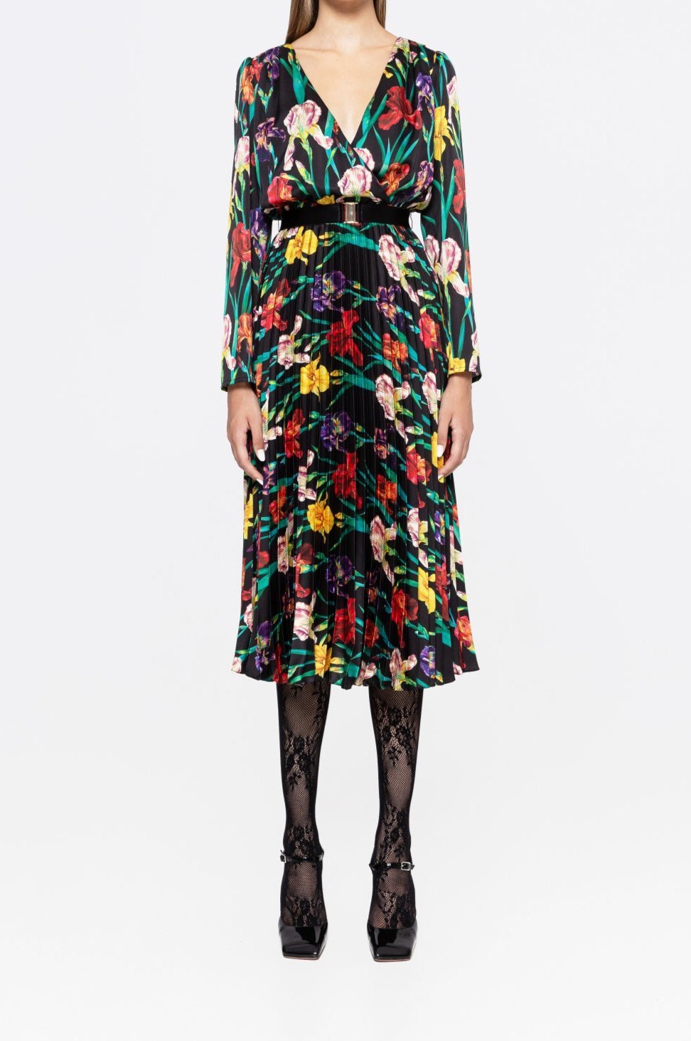 Front view of black satin iris‑print wrap V‑neck midi dress with long sleeves, belted waist and pleated skirt