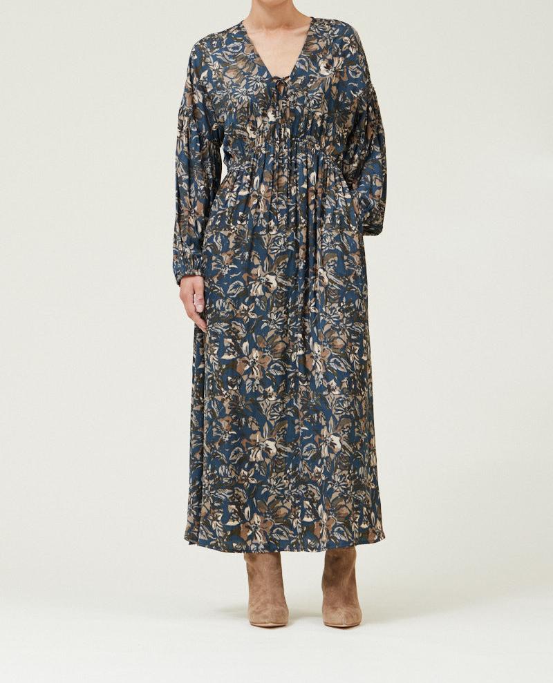 Front view of Dark Steel floral printed satin midi dress with pockets