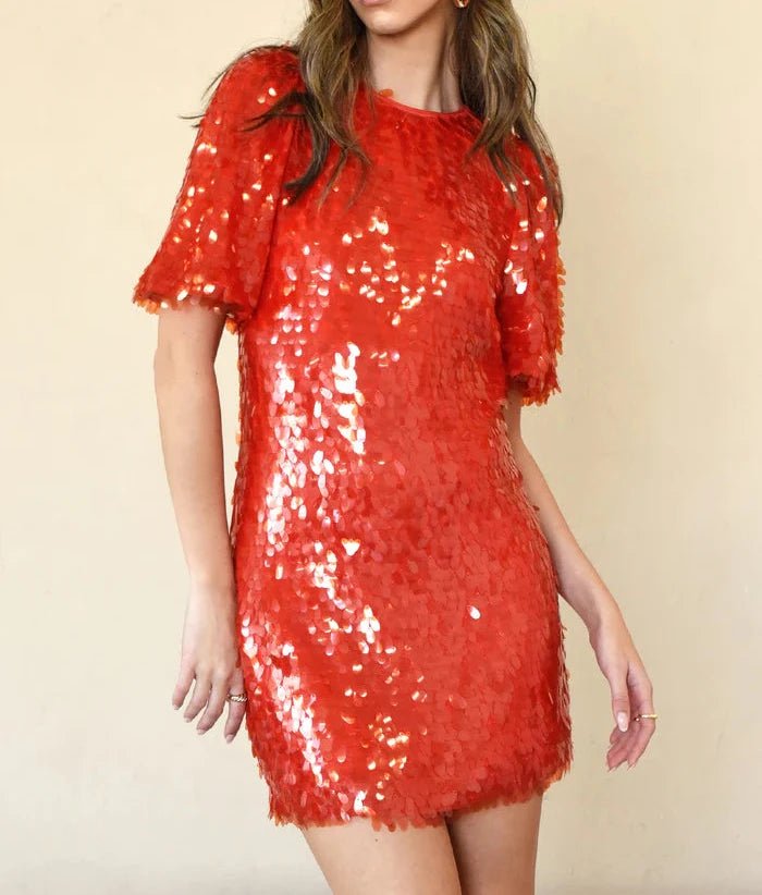 red sequin party dress with puff sleeves- BTK COLLECTIONS