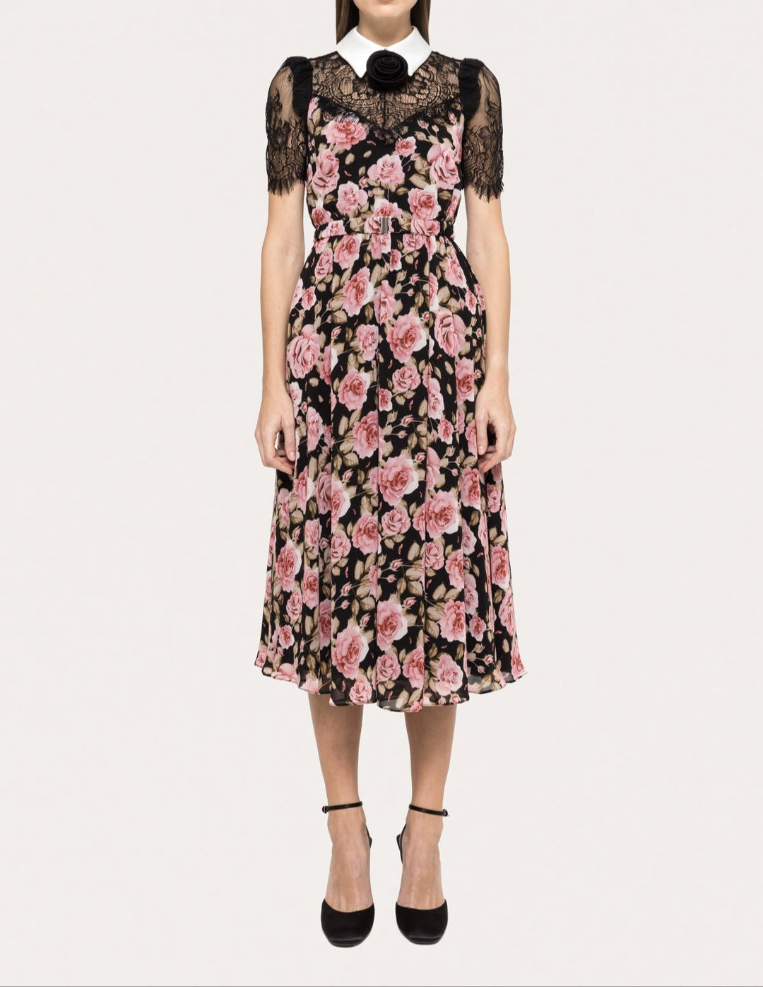 Model wearing black chiffon midi dress with pink rose print, black lace sleeves, and white collar by NISSA - BTK COLLECTIONS