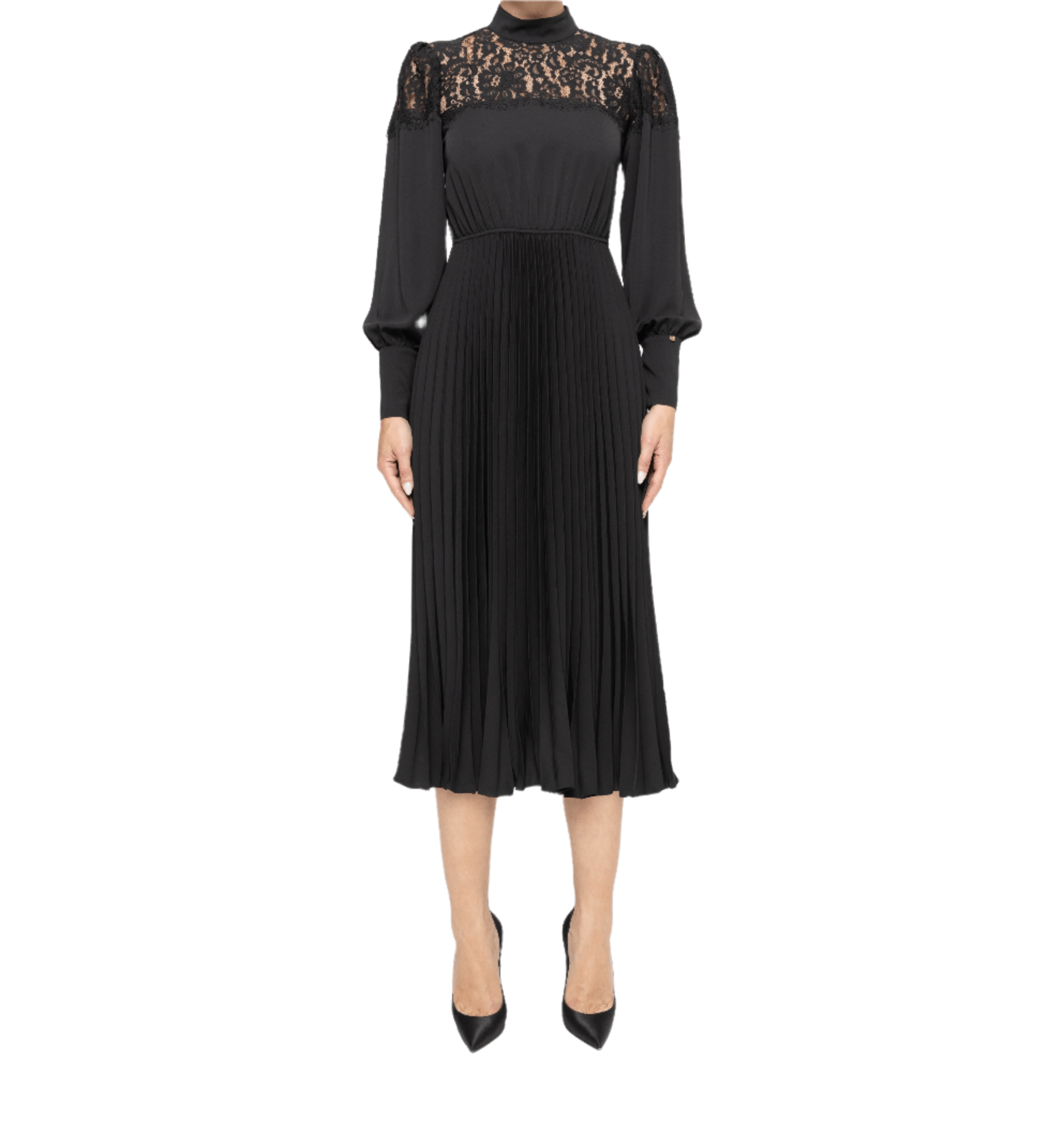 Model wearing black high‑neck lace‑yoke midi dress with long sleeves and accordion‑pleated skirt