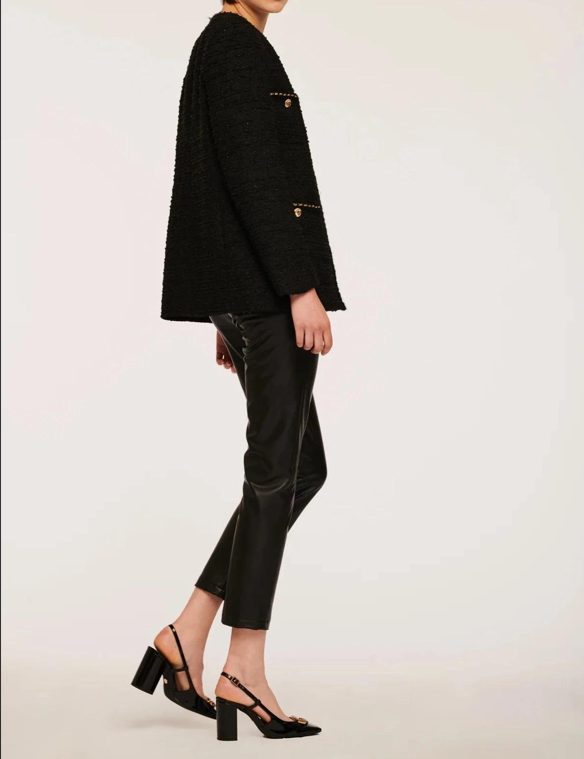 Long Sleeve Tweed Jacket With Chain Trim - BTK COLLECTION