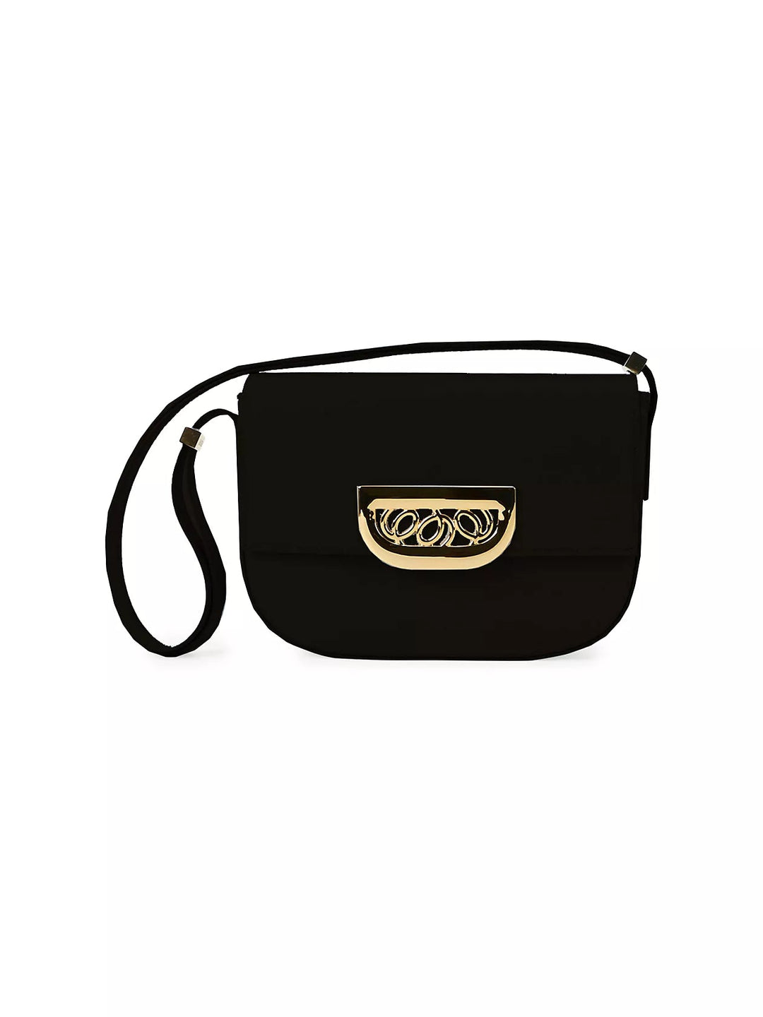Black calfskin leather crossbody bag with sculpted gold hardware and adjustable strap